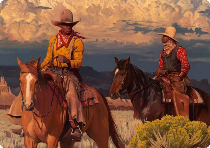 Two individuals on horseback in a desert landscape during late afternoon. The person on the left wears a wide-brimmed hat, a bandana covering the lower half of their face, and a bright orange long-sleeve shirt. The person on the right also wears a wide-brimmed hat and a red patterned long-sleeve shirt. Both horses are brown with darker manes. The background features expansive desert terrain with rock formations under a sky filled with dynamic cloud formations.