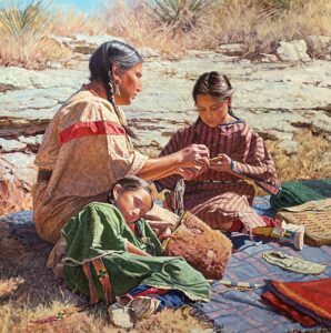 Martin Grelle (b. 1954), "Cheyenne Sewing Class", 2021, Acrylic on Oil on Linen. Gift of the Jack and Valerie Guenther Foundation.