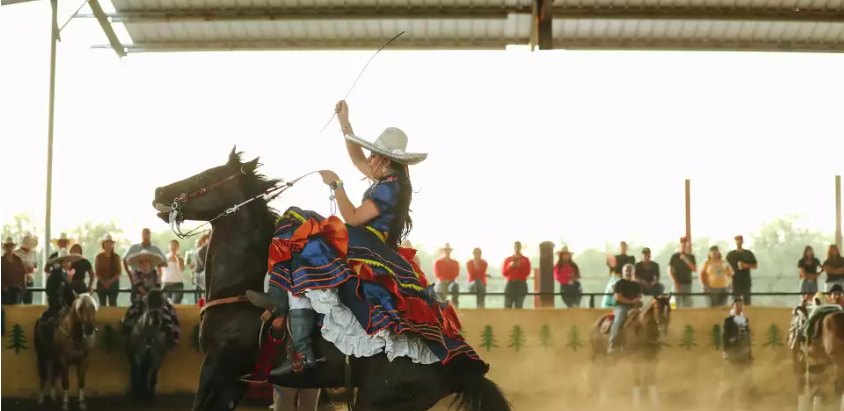 A person riding a horse in an indoor arena. The rider, wearing a wide-brimmed hat and holding what appears to be a lasso or whip, is on a horse that is rearing up on its hind legs. The rider’s attire includes a colorful garment that drapes over the side of the horse. In the background, spectators stand behind a barrier watching the event.